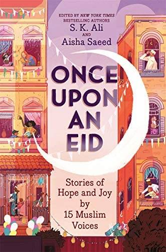 Illustrated book cover with cheerful figures in building windows set behind a large crescent moon